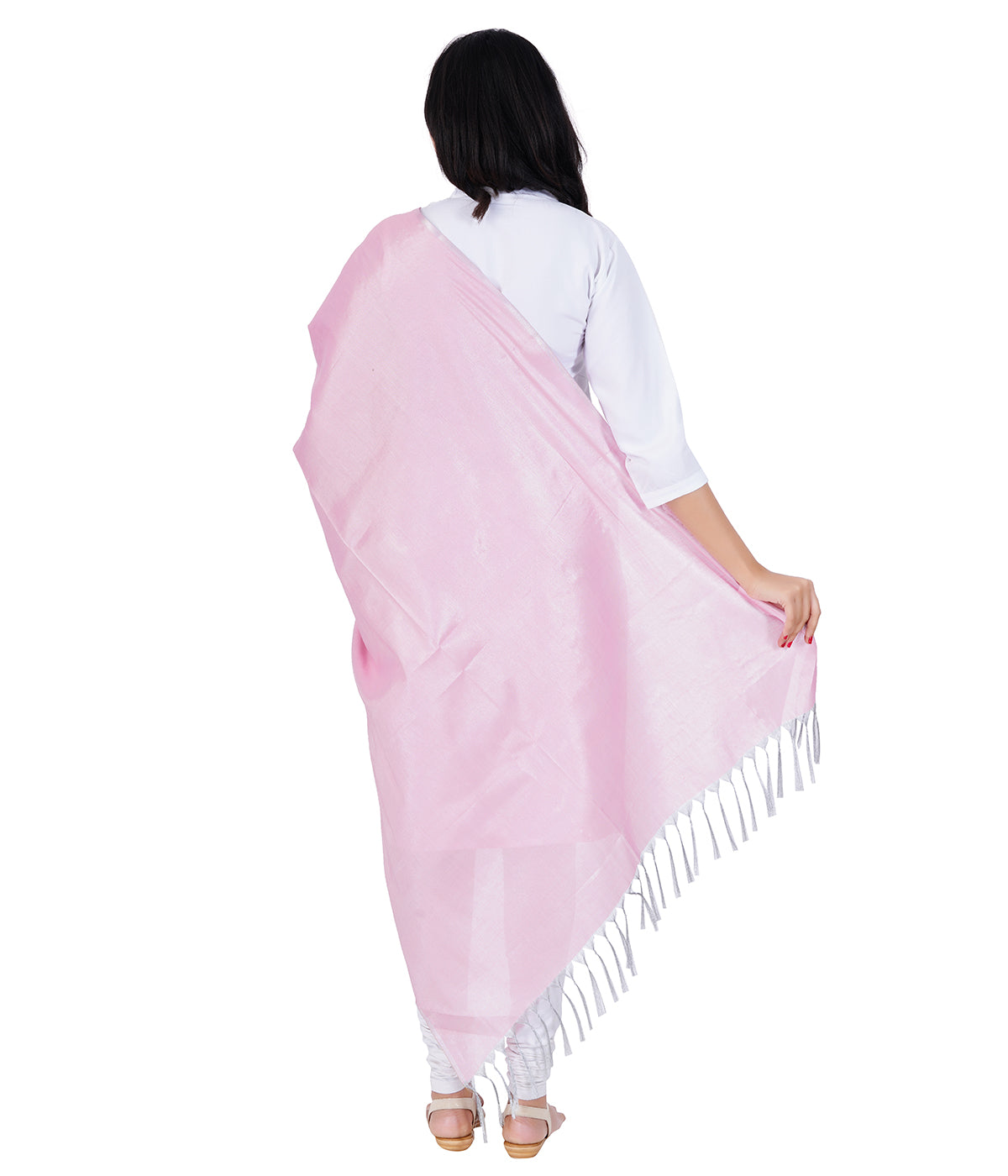 Women's Soild Silk Plain Dupatta - Silver/Light Pink