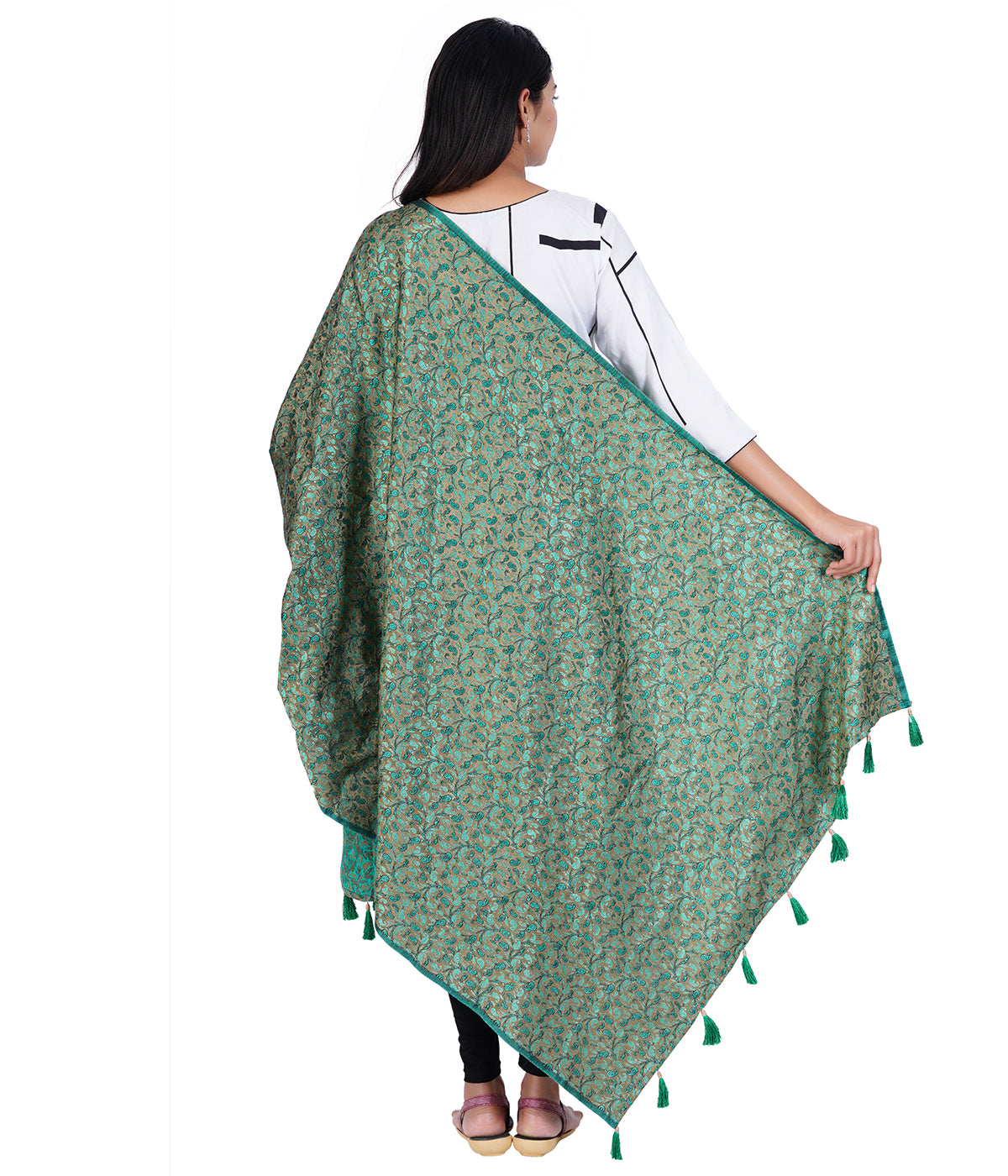 Women's Jacquard Floral Design Dupatta with Tassel Work - Green