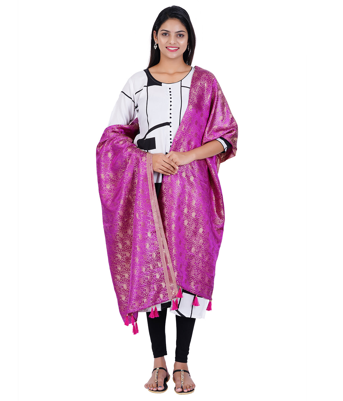 Women's Jacquard Floral Design Dupatta with Tassel Work - Majenta