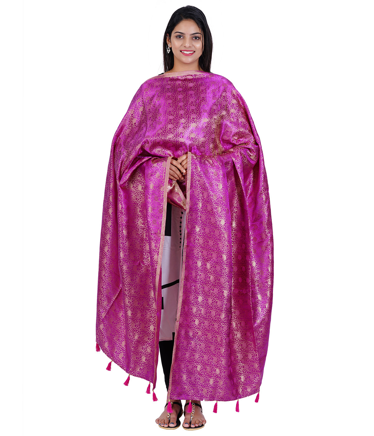 Women's Jacquard Floral Design Dupatta with Tassel Work - Majenta
