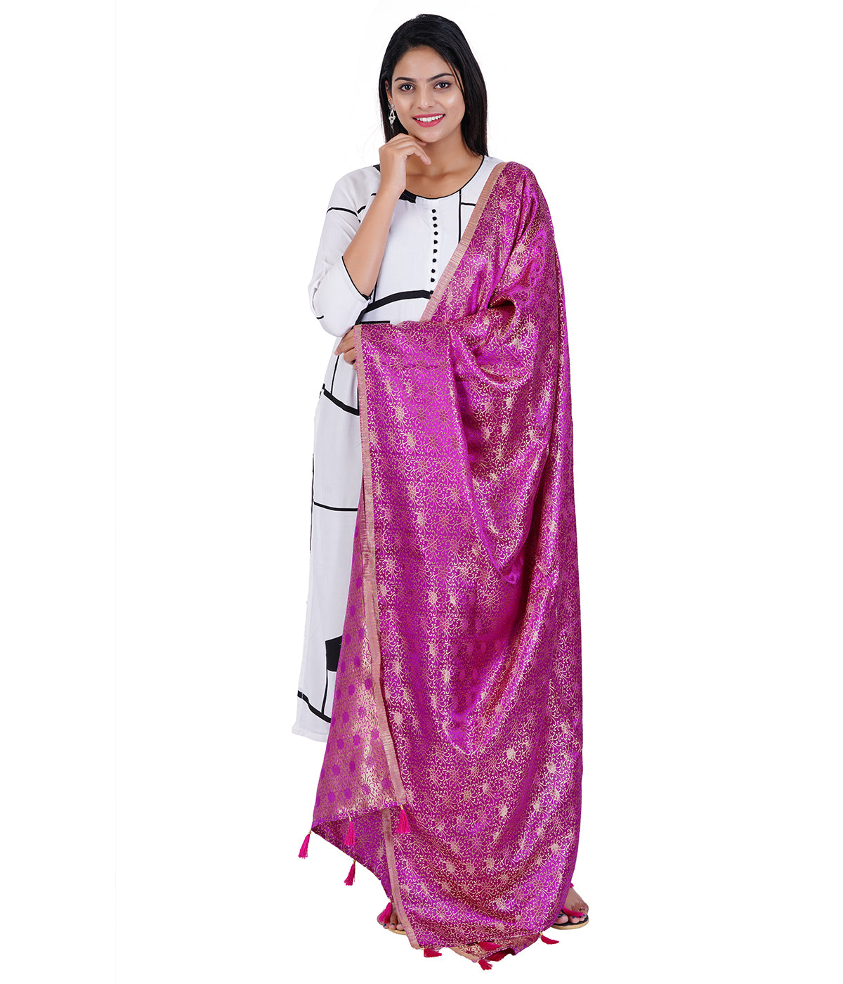 Women's Jacquard Floral Design Dupatta with Tassel Work - Majenta