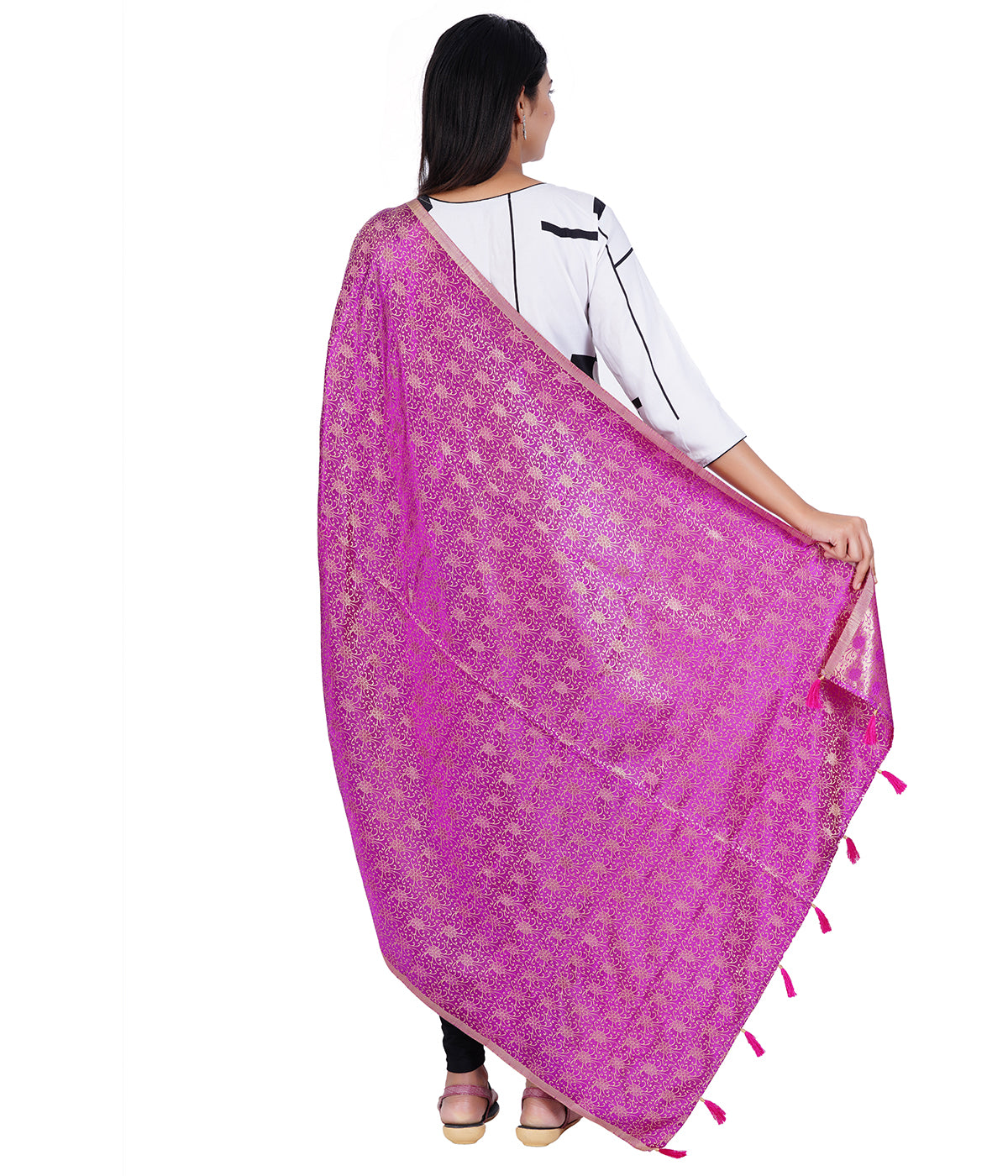 Women's Jacquard Floral Design Dupatta with Tassel Work - Majenta
