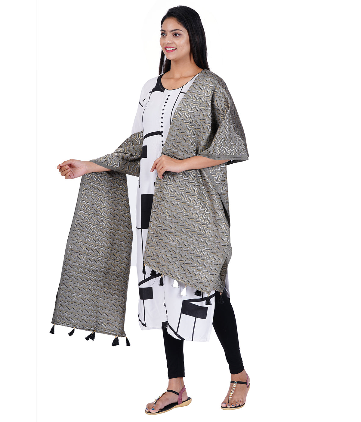 Women's Satin Jacquard Woven Dupatta - Triple Line Grey
