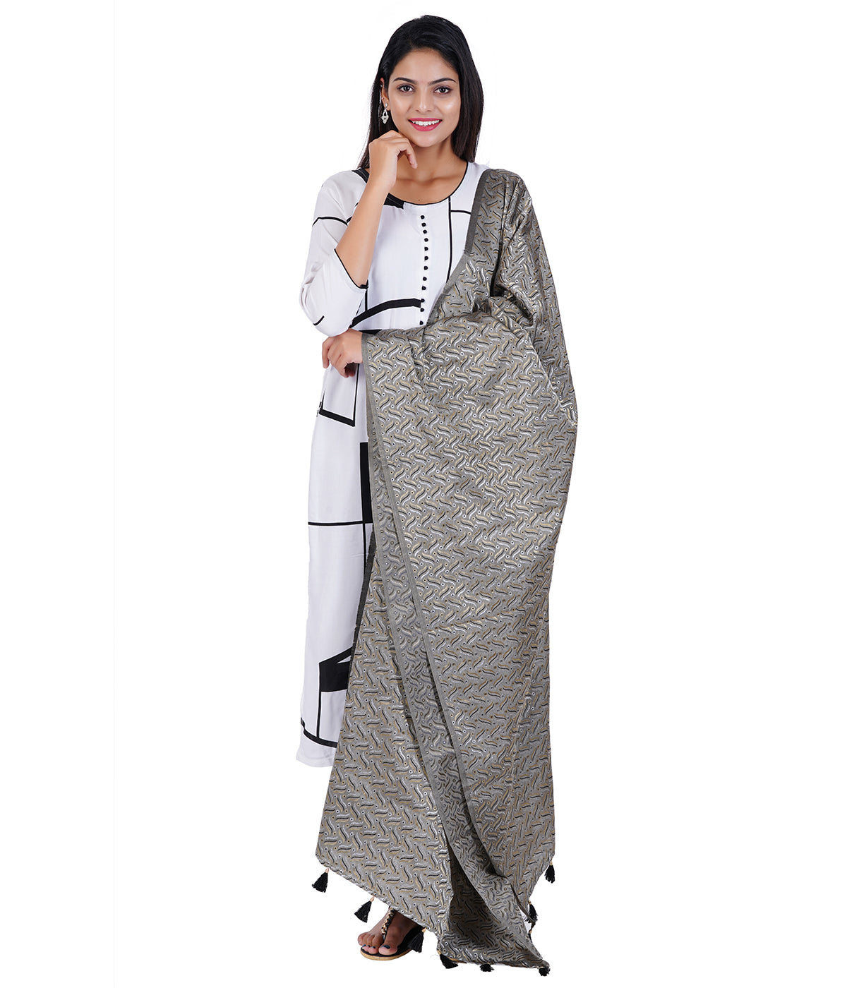 Women's Satin Jacquard Woven Dupatta - Triple Line Grey