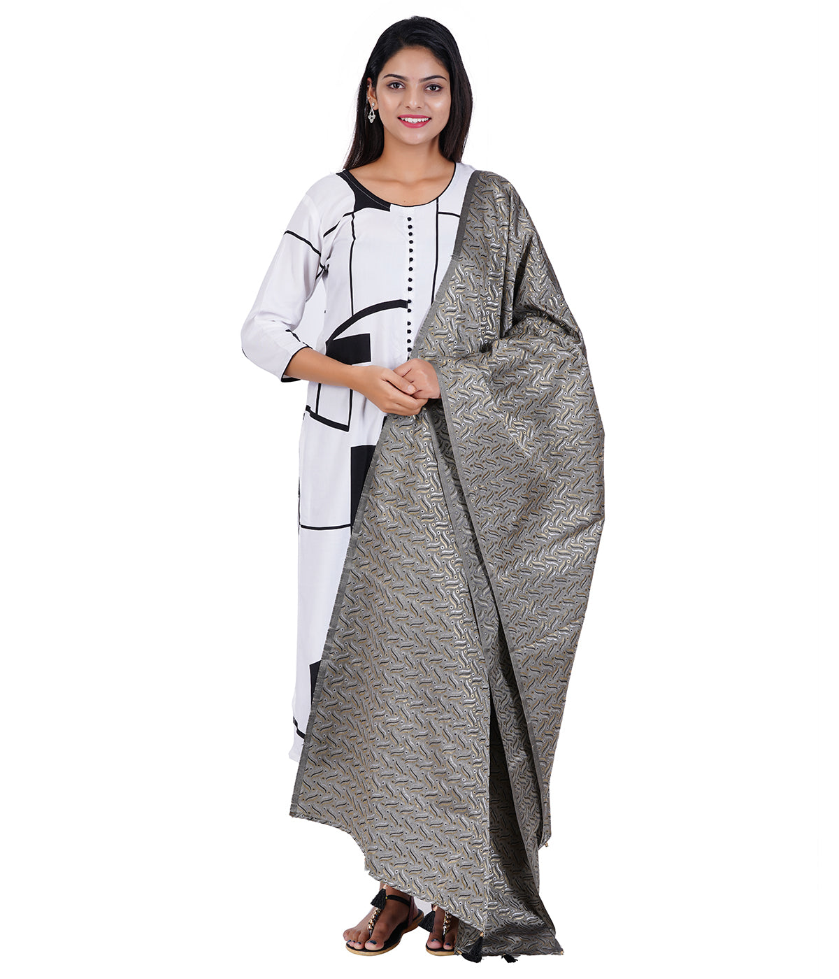 Women's Satin Jacquard Woven Dupatta - Triple Line Grey