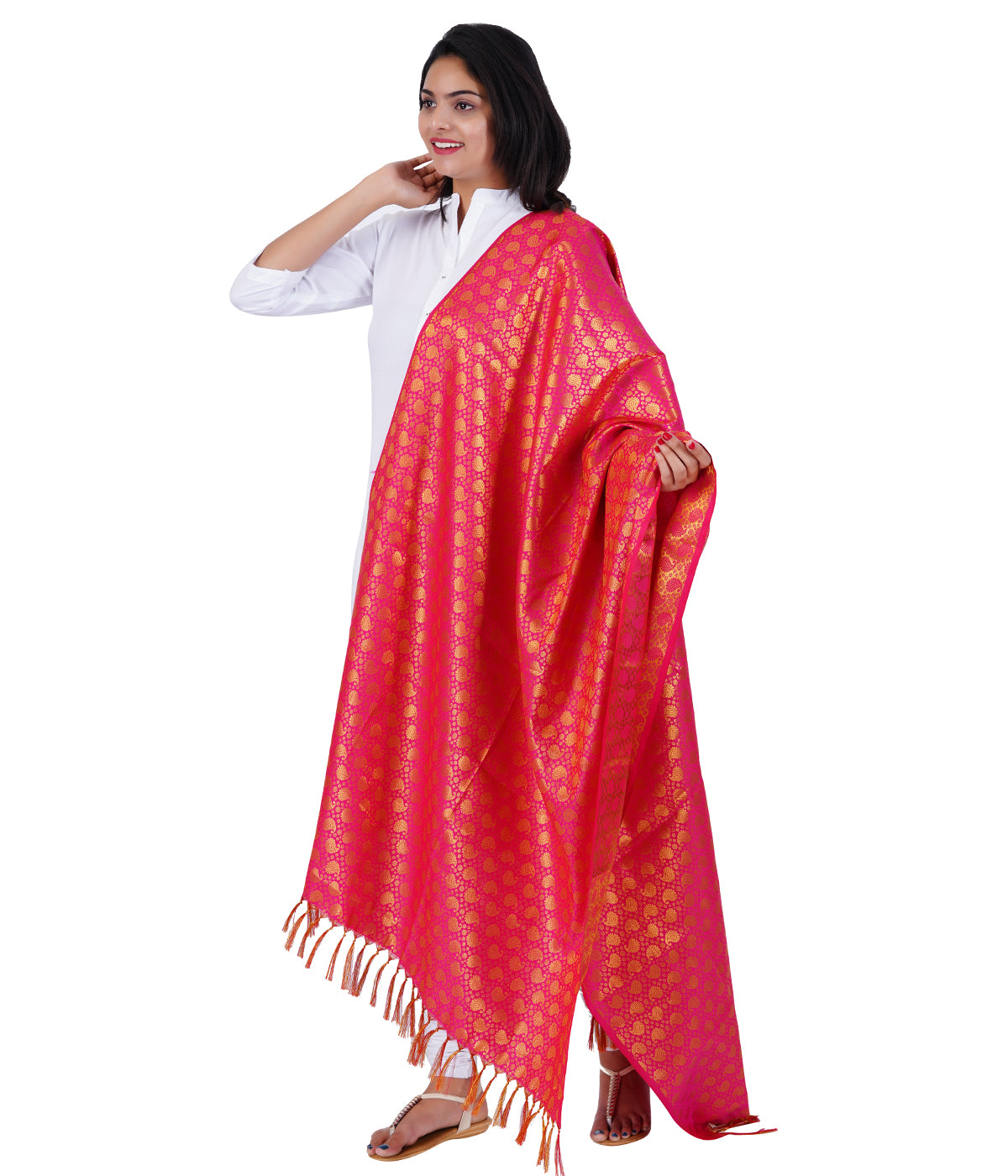 Women's Jacquard Banarasi Dupatta - Rani Pink Big Mango