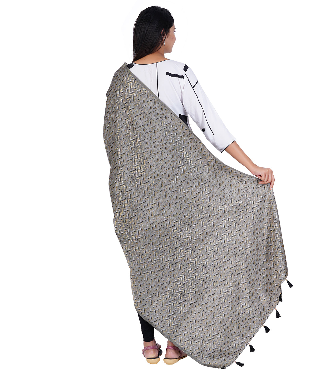 Women's Satin Jacquard Woven Dupatta - Triple Line Grey