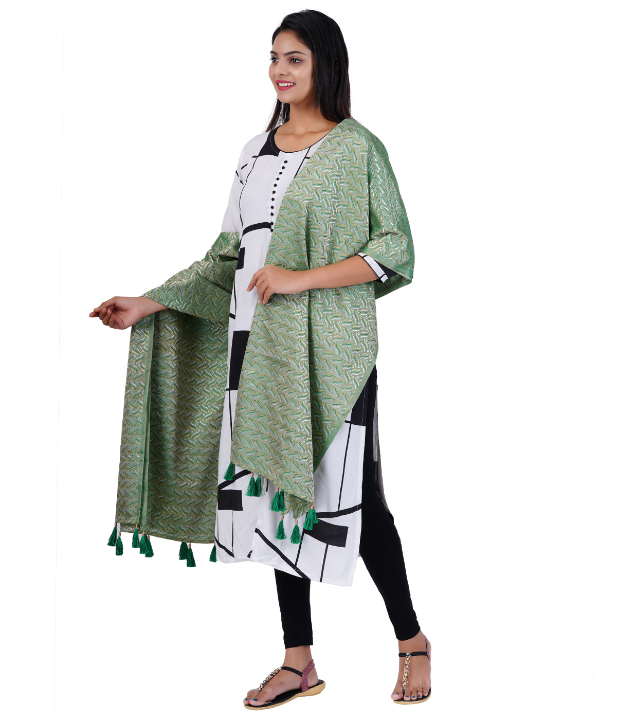 Women's Satin Jacquard Woven Dupatta - Triple Line Green