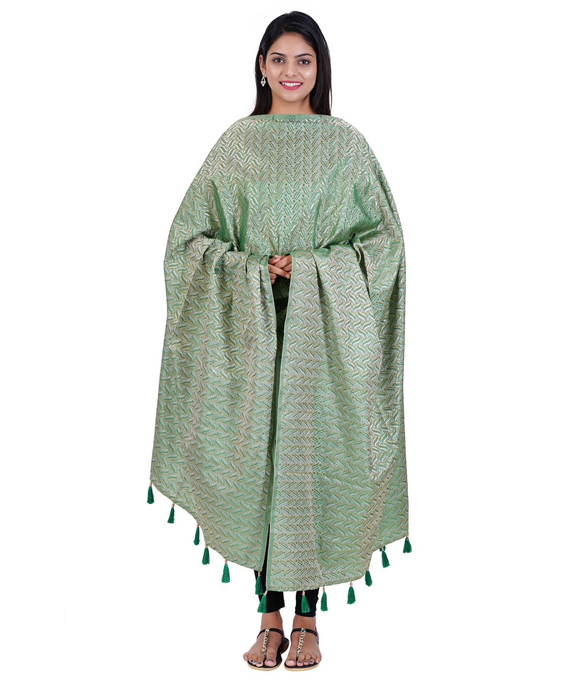 Women's Satin Jacquard Woven Dupatta - Triple Line Green