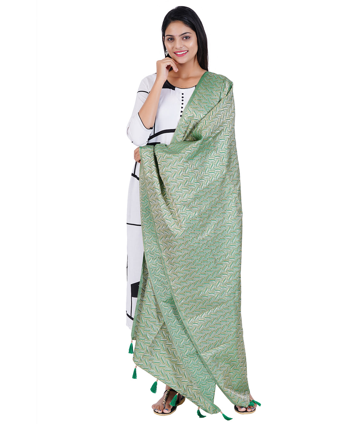 Women's Satin Jacquard Woven Dupatta - Triple Line Green