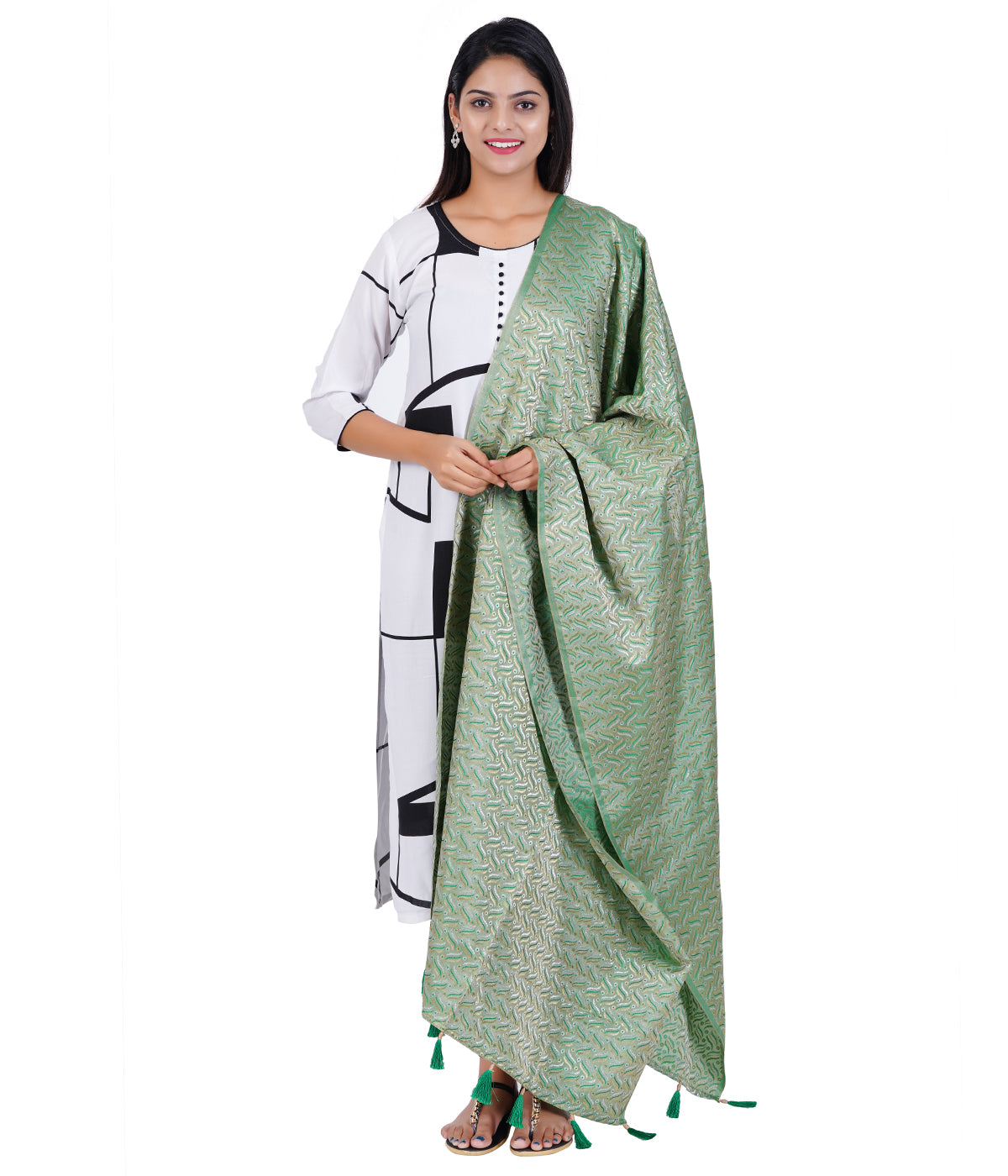 Women's Satin Jacquard Woven Dupatta - Triple Line Green