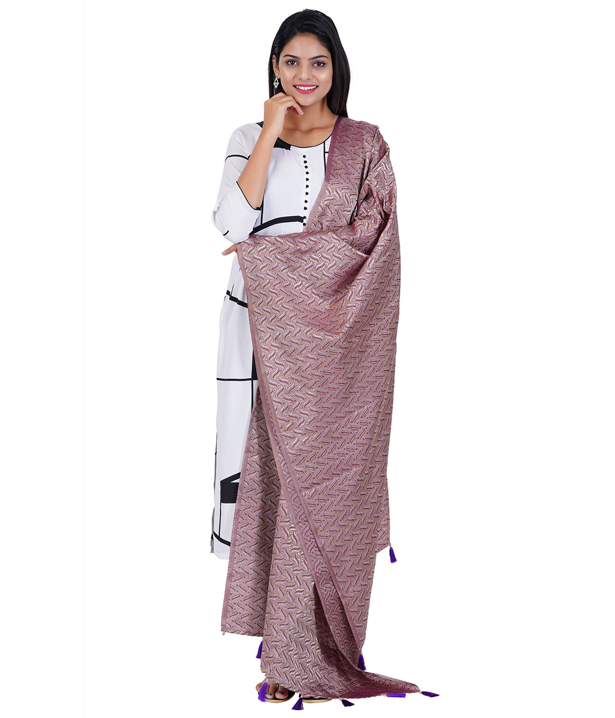 Women's Satin Jacquard Woven Dupatta - Triple Line Purple