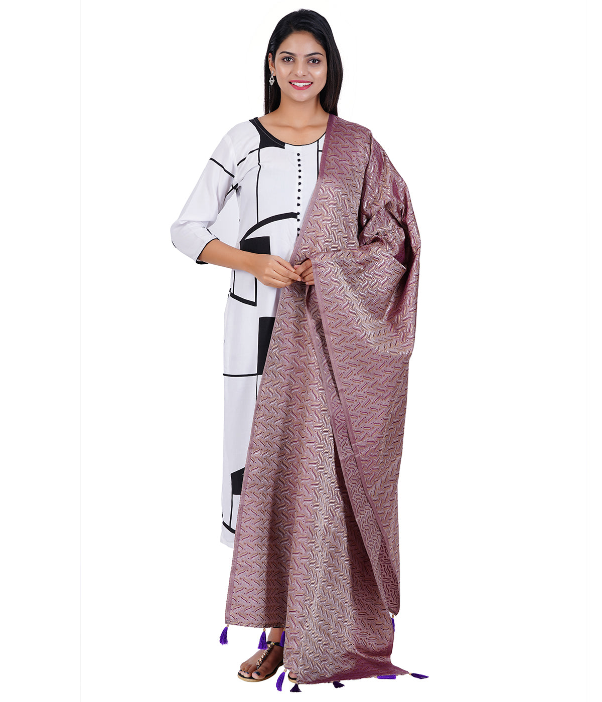 Women's Satin Jacquard Woven Dupatta - Triple Line Purple