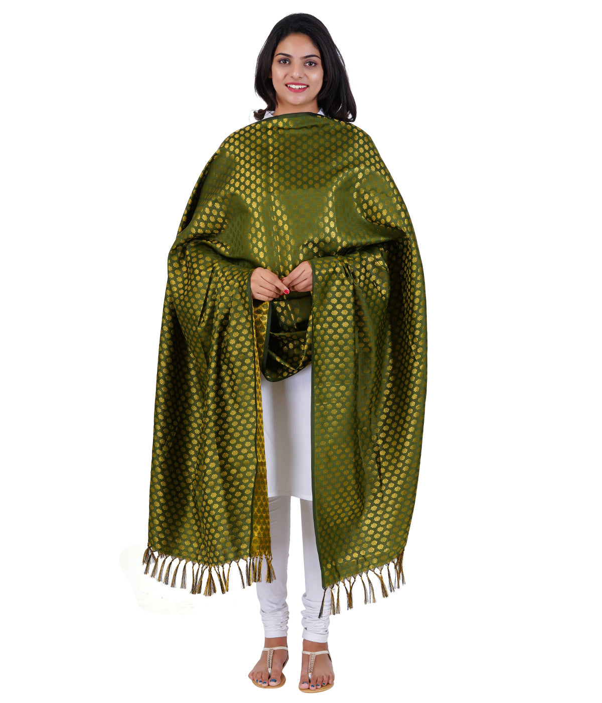 Women's Jacquard Banarasi Dupatta - Olive Green Small Flower