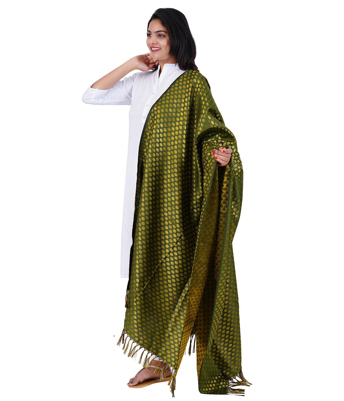 Women's Jacquard Banarasi Dupatta - Olive Green Small Flower
