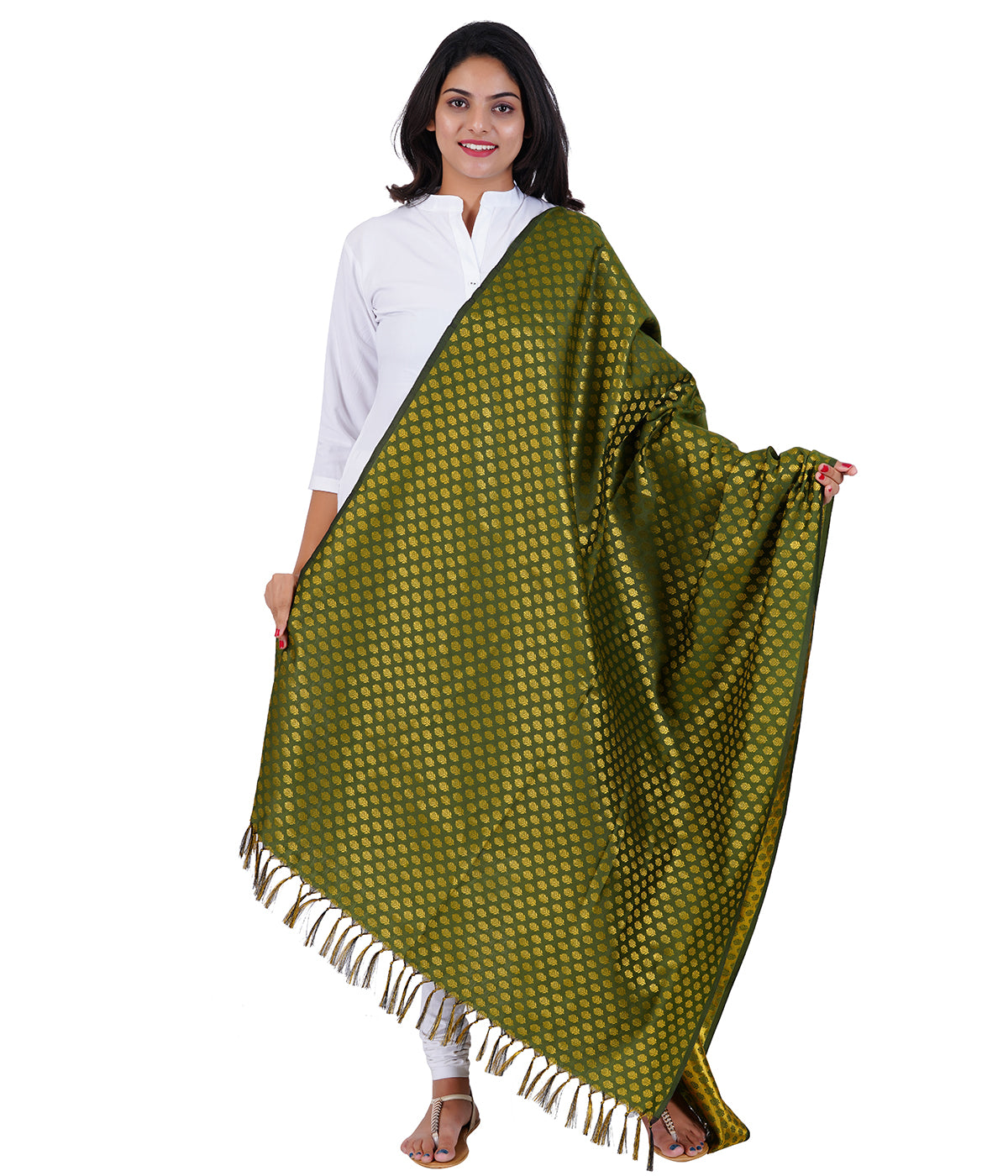 Women's Jacquard Banarasi Dupatta - Olive Green Small Flower