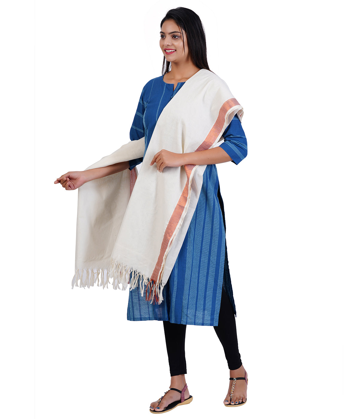 Women's Kerala Kasavu Cotton Dupatta - Copper Border