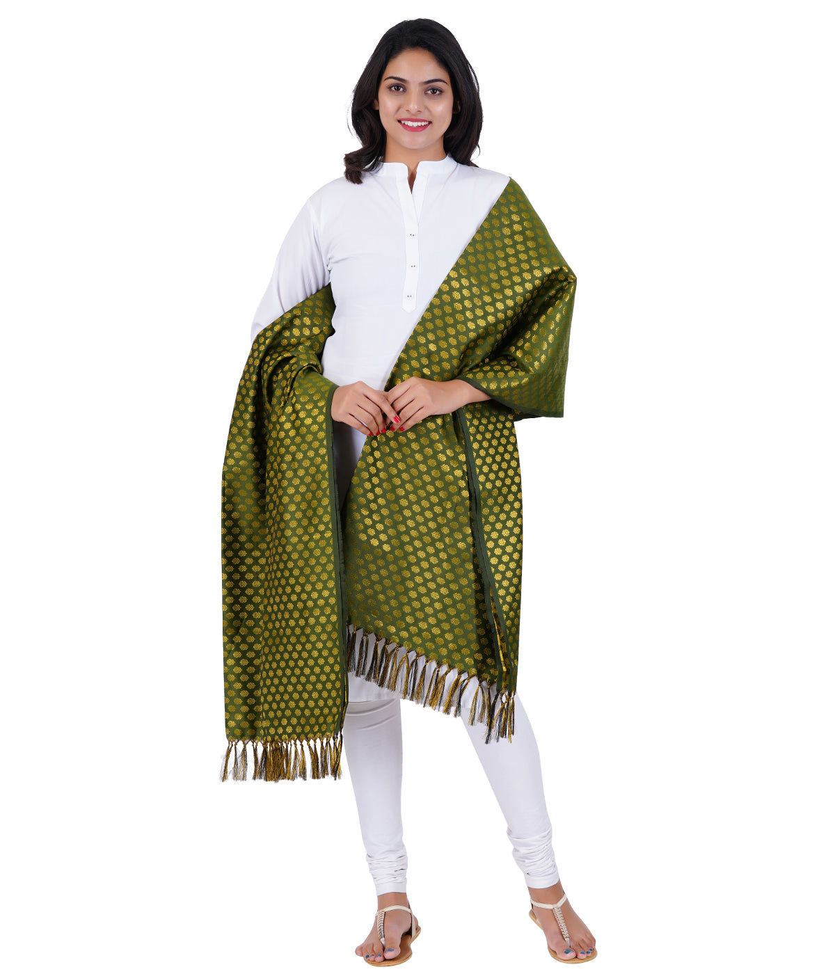 Women's Jacquard Banarasi Dupatta - Olive Green Small Flower