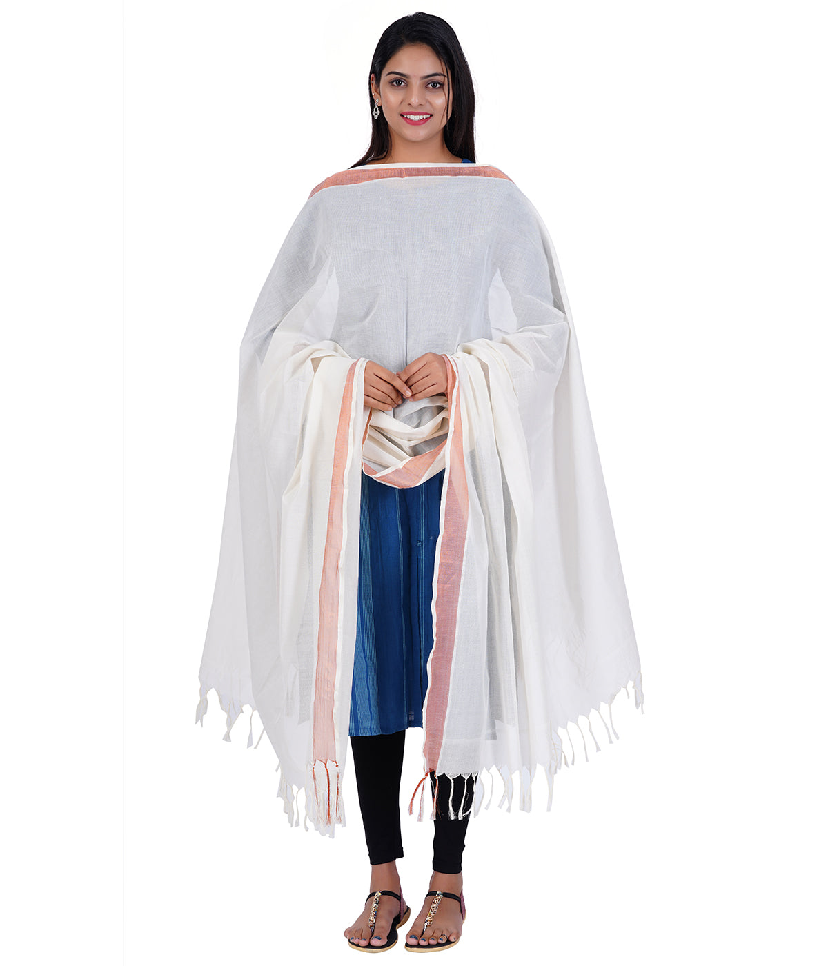 Women's Kerala Kasavu Cotton Dupatta - Copper Border