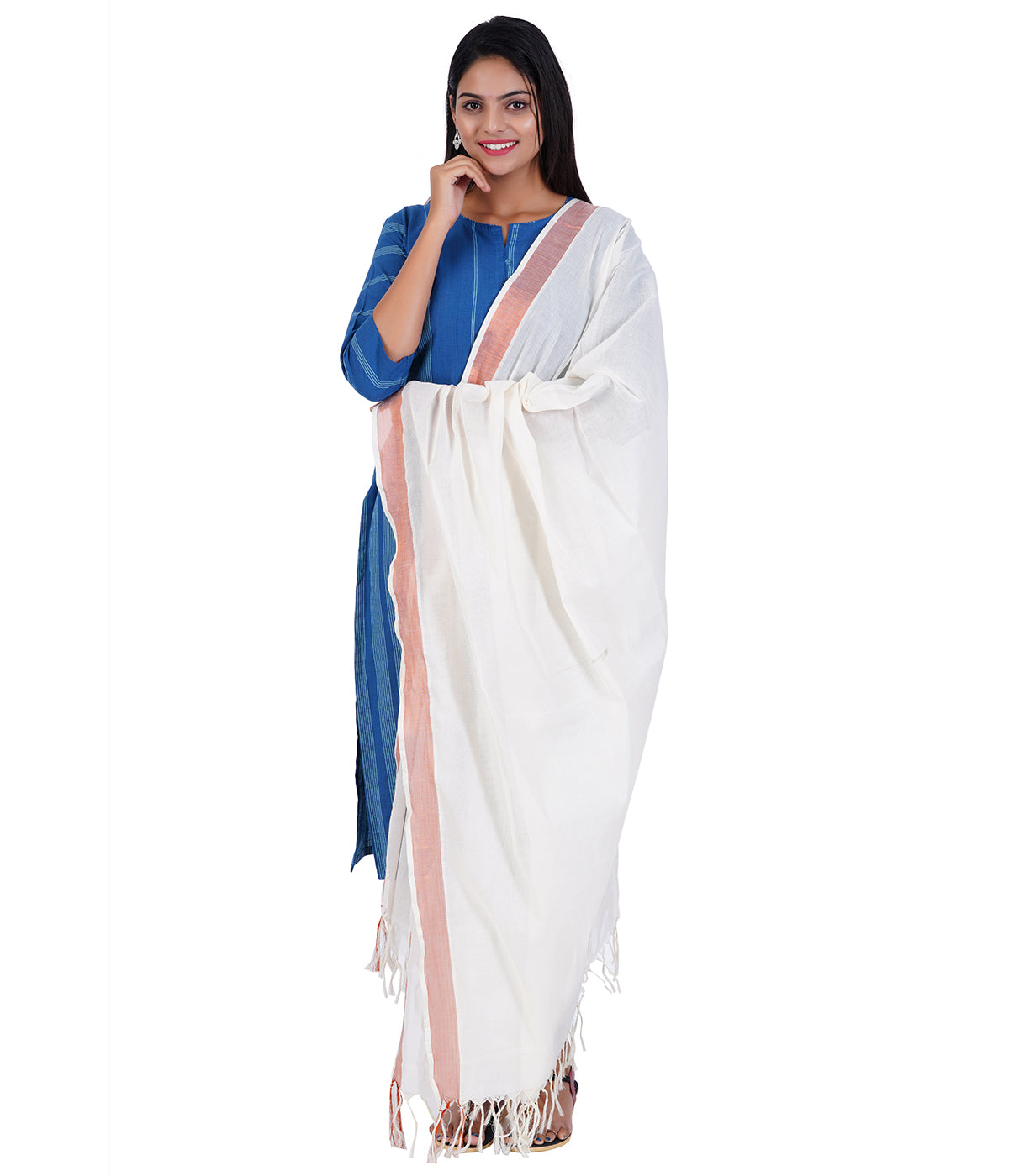 Women's Kerala Kasavu Cotton Dupatta - Copper Border