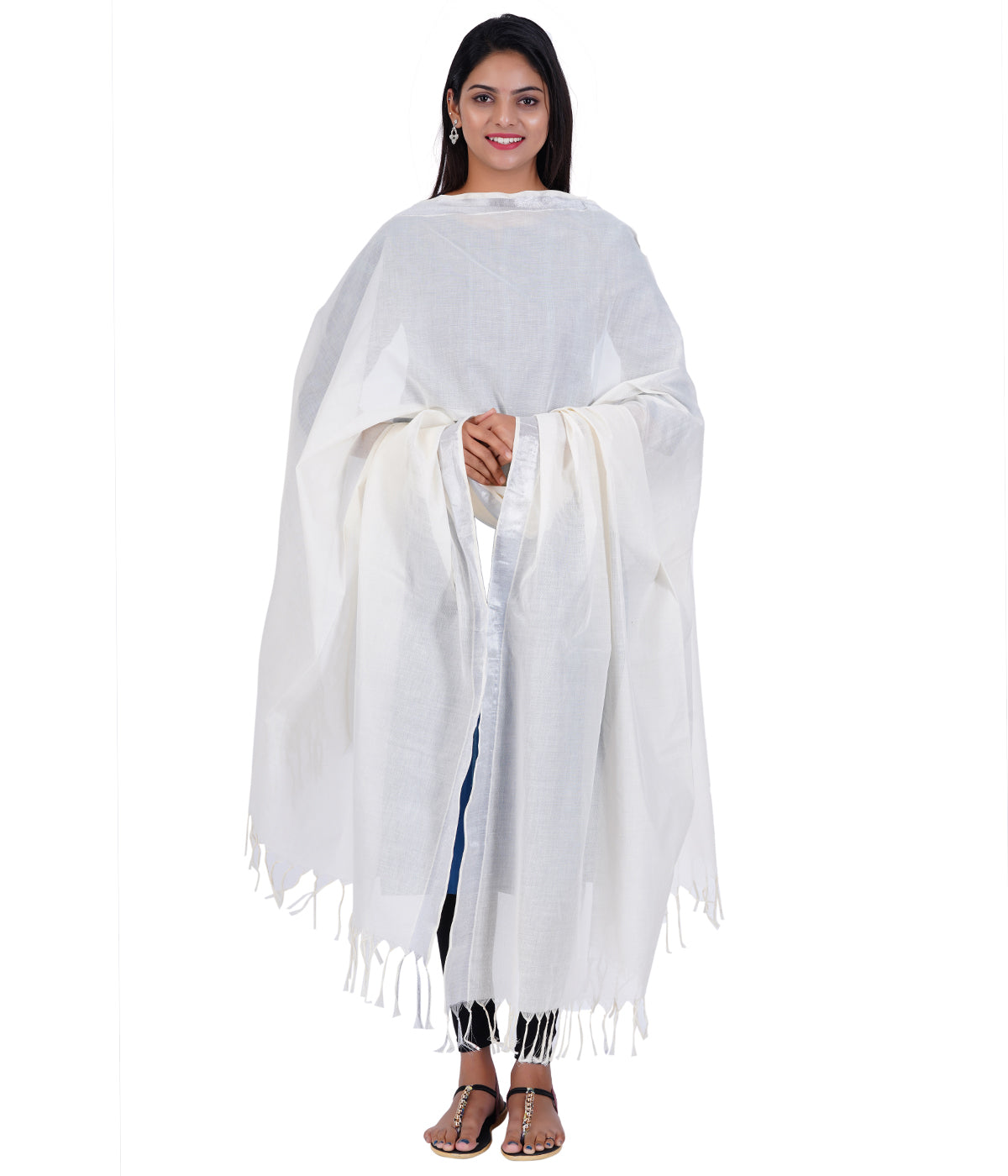 Women's Kerala Kasavu Cotton Dupatta - Copper Border