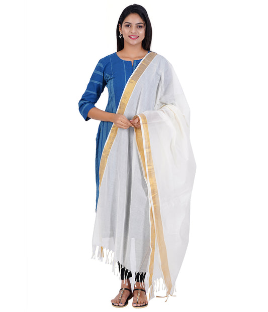 Women's Kerala Kasavu Cotton Dupatta - Gold Border