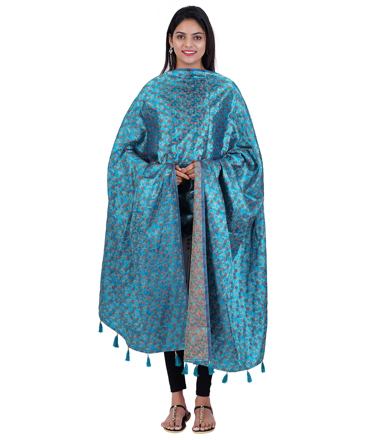 Women's Jacquard Floral Design Dupatta with Tassel Work - Anandha Blue