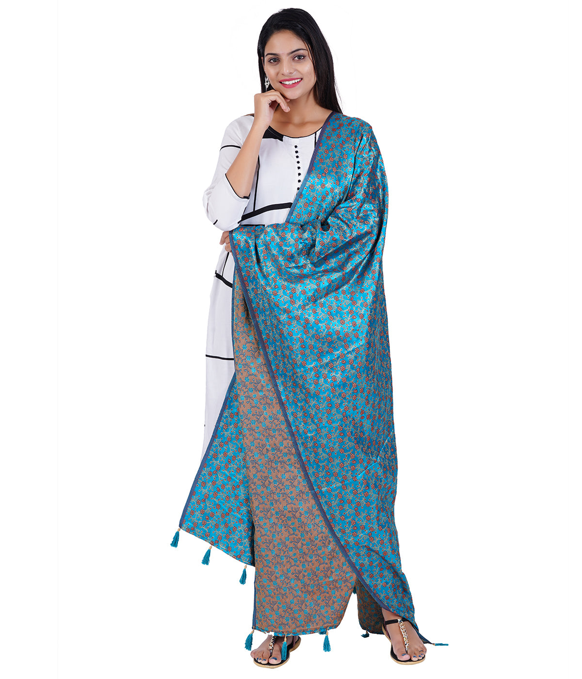 Women's Jacquard Floral Design Dupatta with Tassel Work - Anandha Blue
