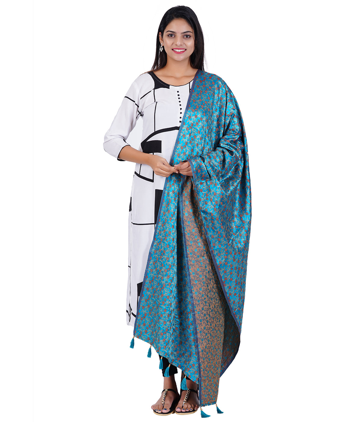 Women's Jacquard Floral Design Dupatta with Tassel Work - Anandha Blue