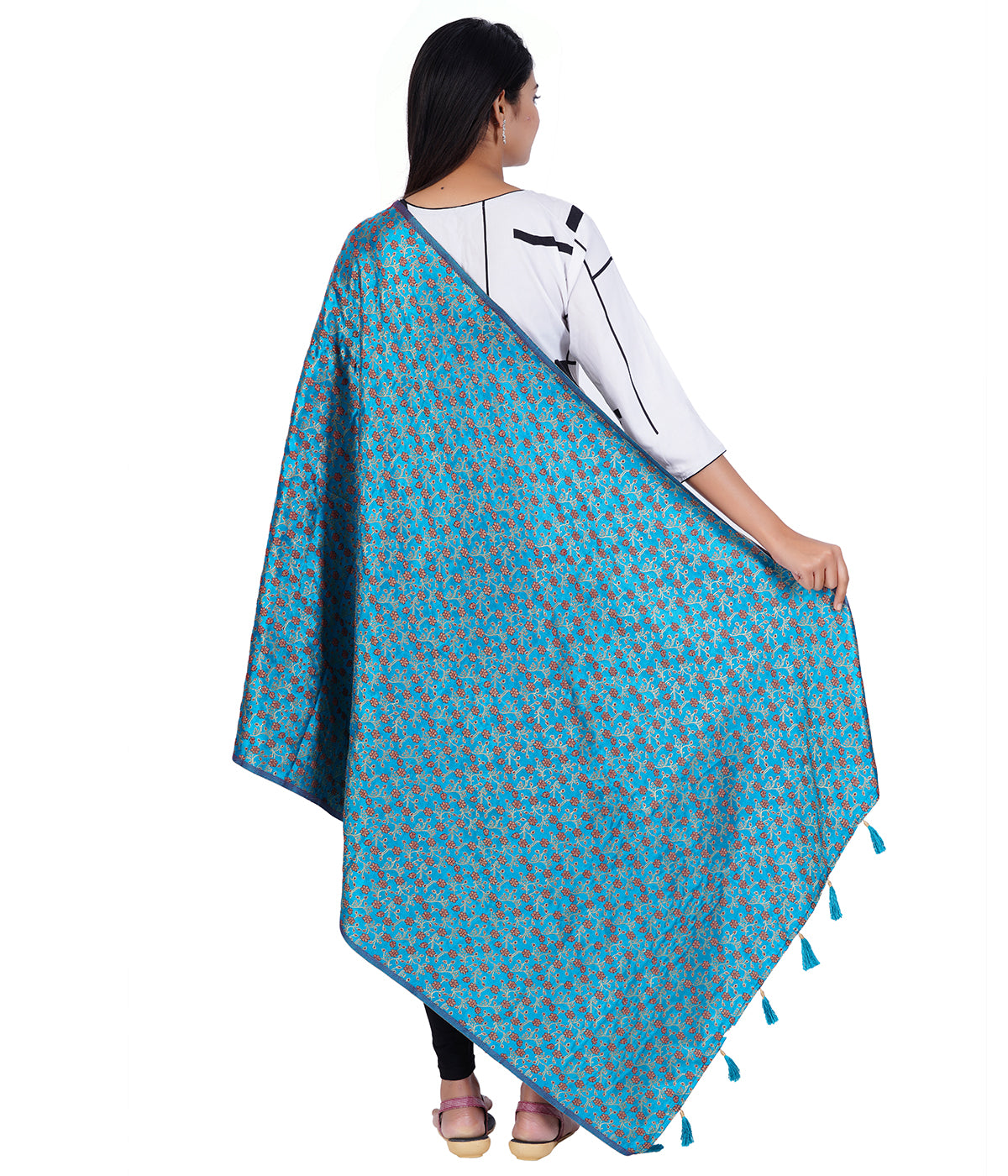 Women's Jacquard Floral Design Dupatta with Tassel Work - Anandha Blue