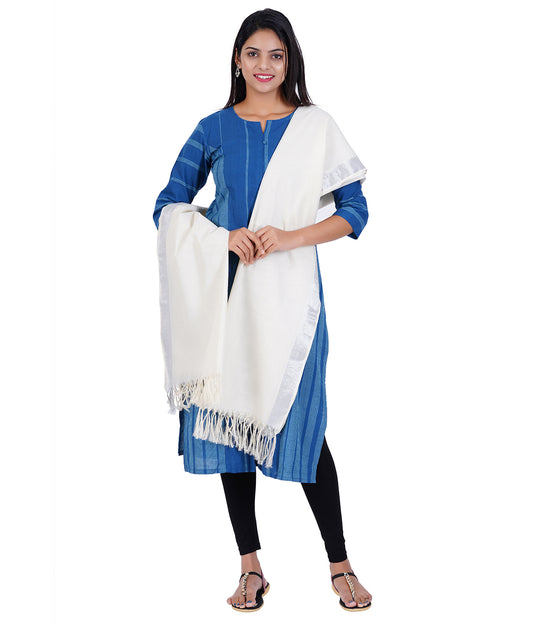 Women's Kerala Kasavu Cotton Dupatta - Silver Border