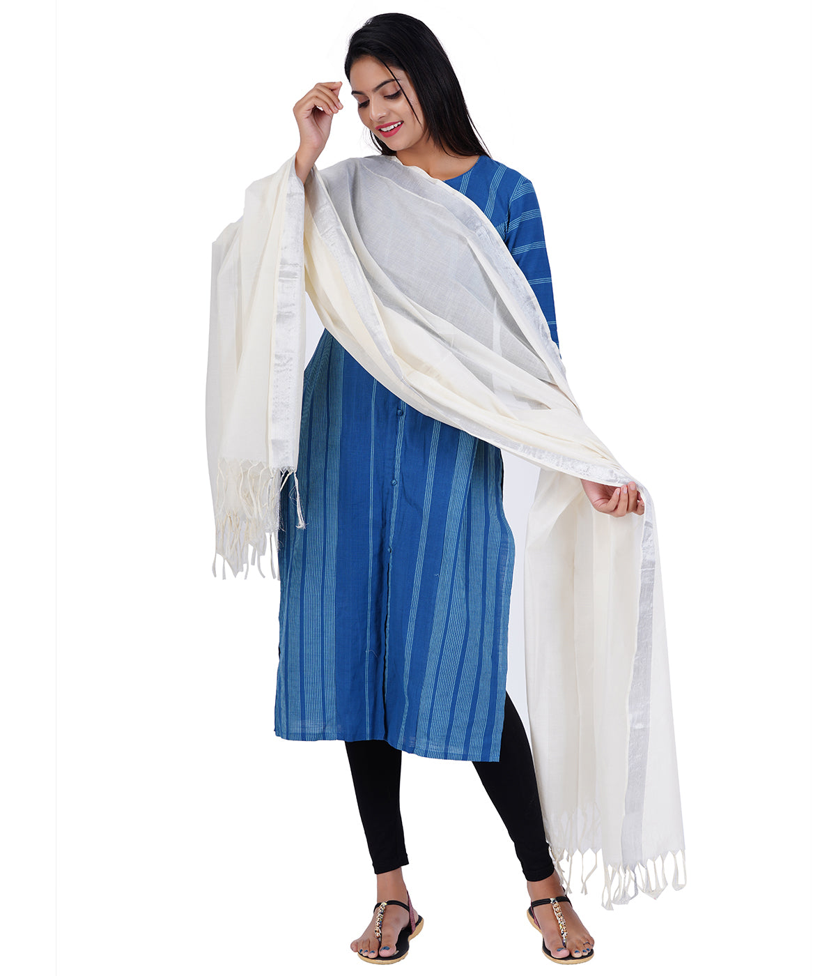 Women's Kerala Kasavu Cotton Dupatta - Silver Border