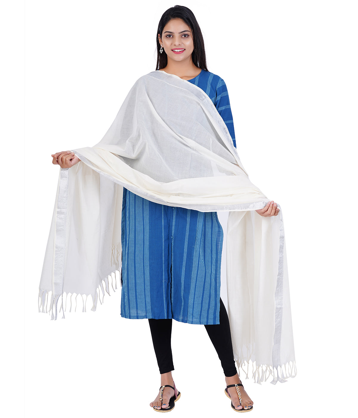 Women's Kerala Kasavu Cotton Dupatta - Silver Border