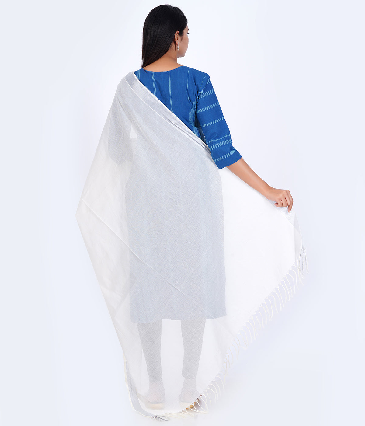 Women's Kerala Kasavu Cotton Dupatta - Silver Border