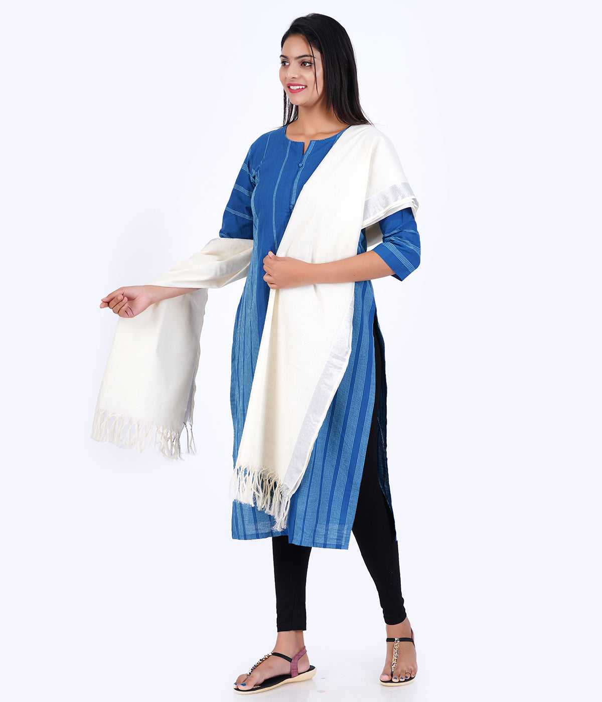 Women's Kerala Kasavu Cotton Dupatta - Silver Border