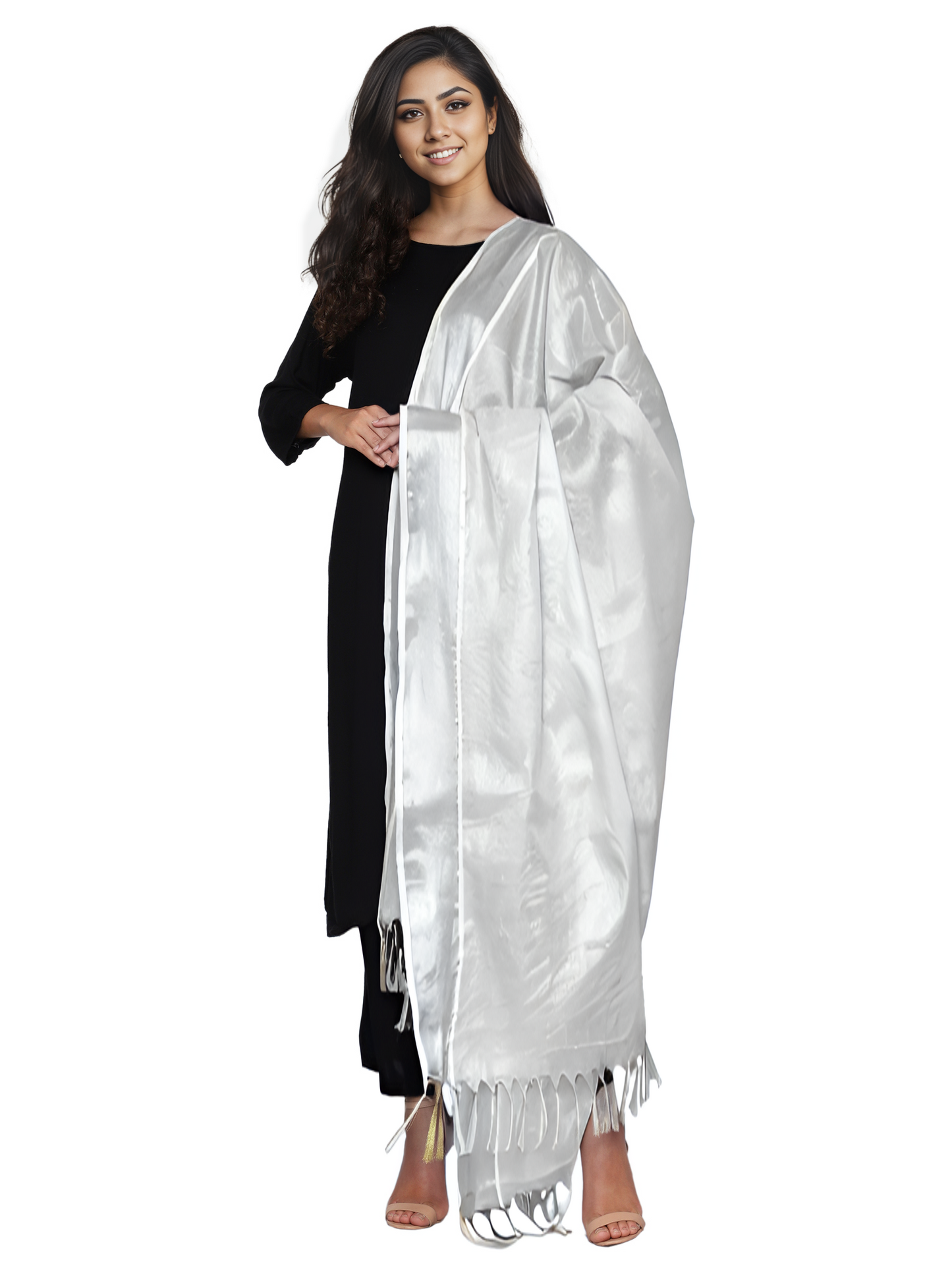 Women's Kerala Kasavu Tissue Dupatta - Silver