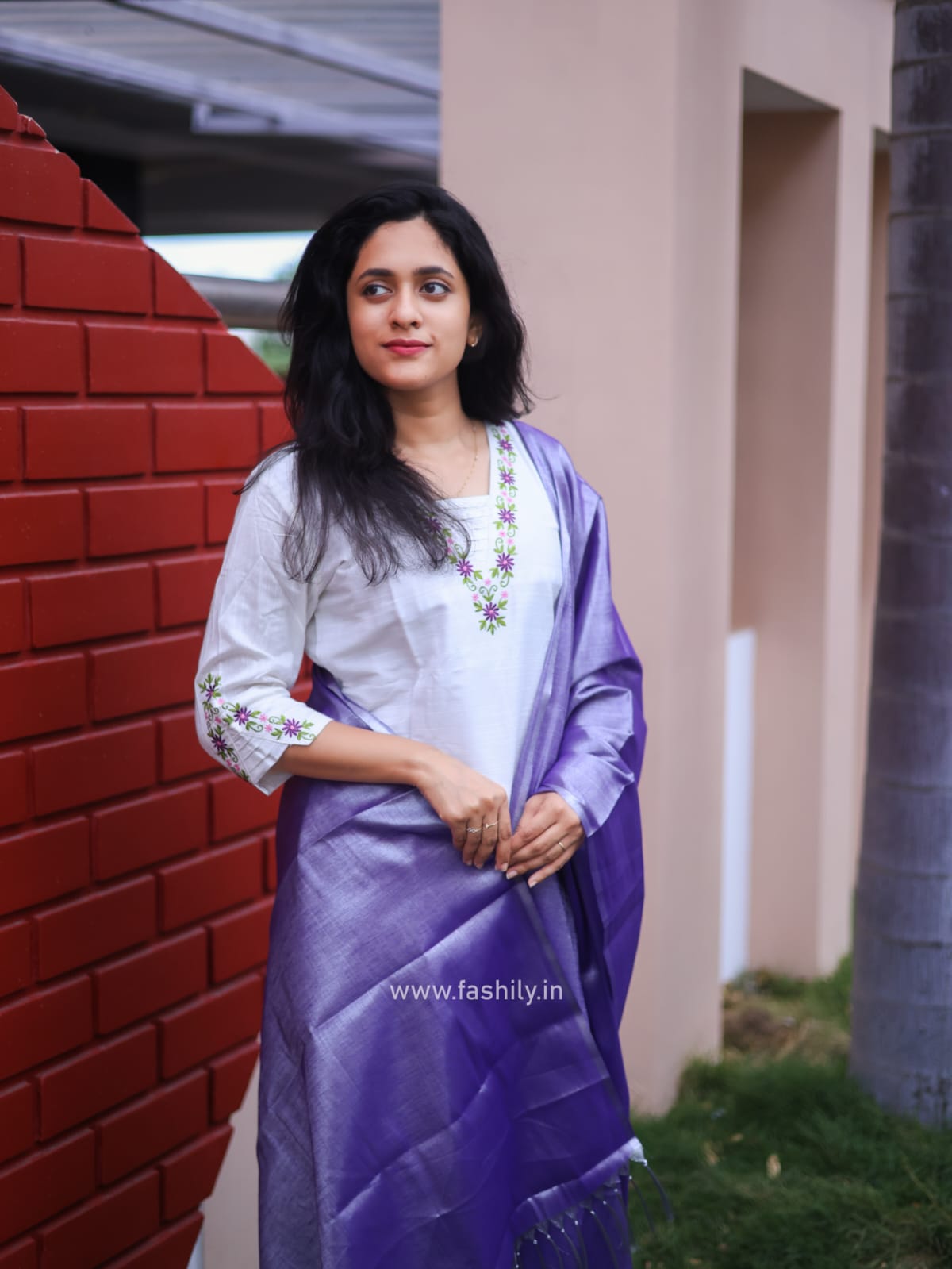 Fashily Slub Silk White Embroidered Kurti with Purple Dupatta