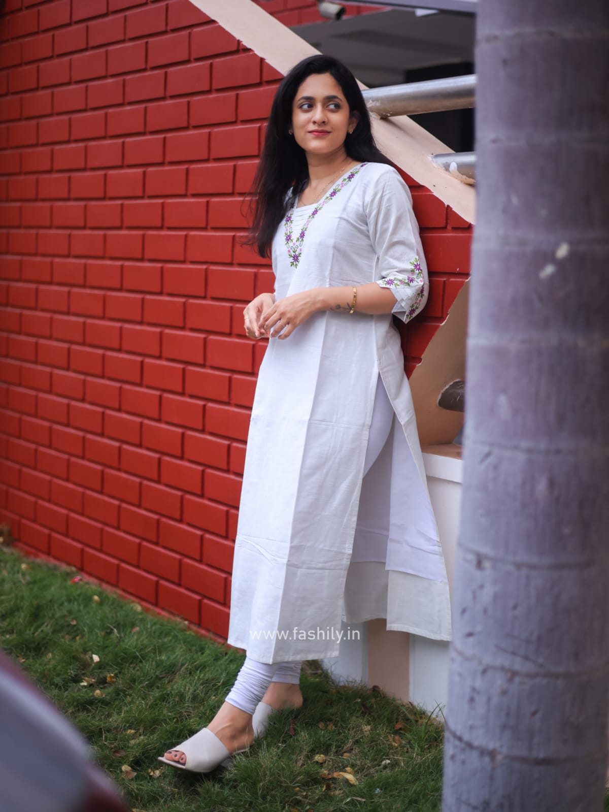 Fashily Slub Silk White Embroidered Kurti with Purple Dupatta