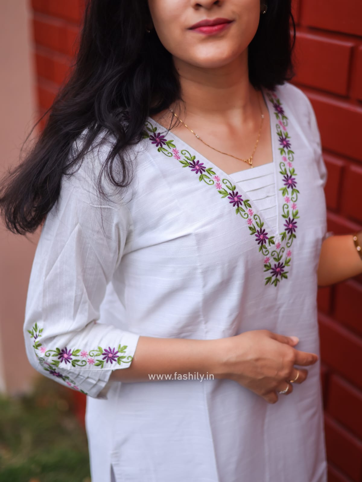Fashily Slub Silk White Embroidered Kurti with Purple Dupatta
