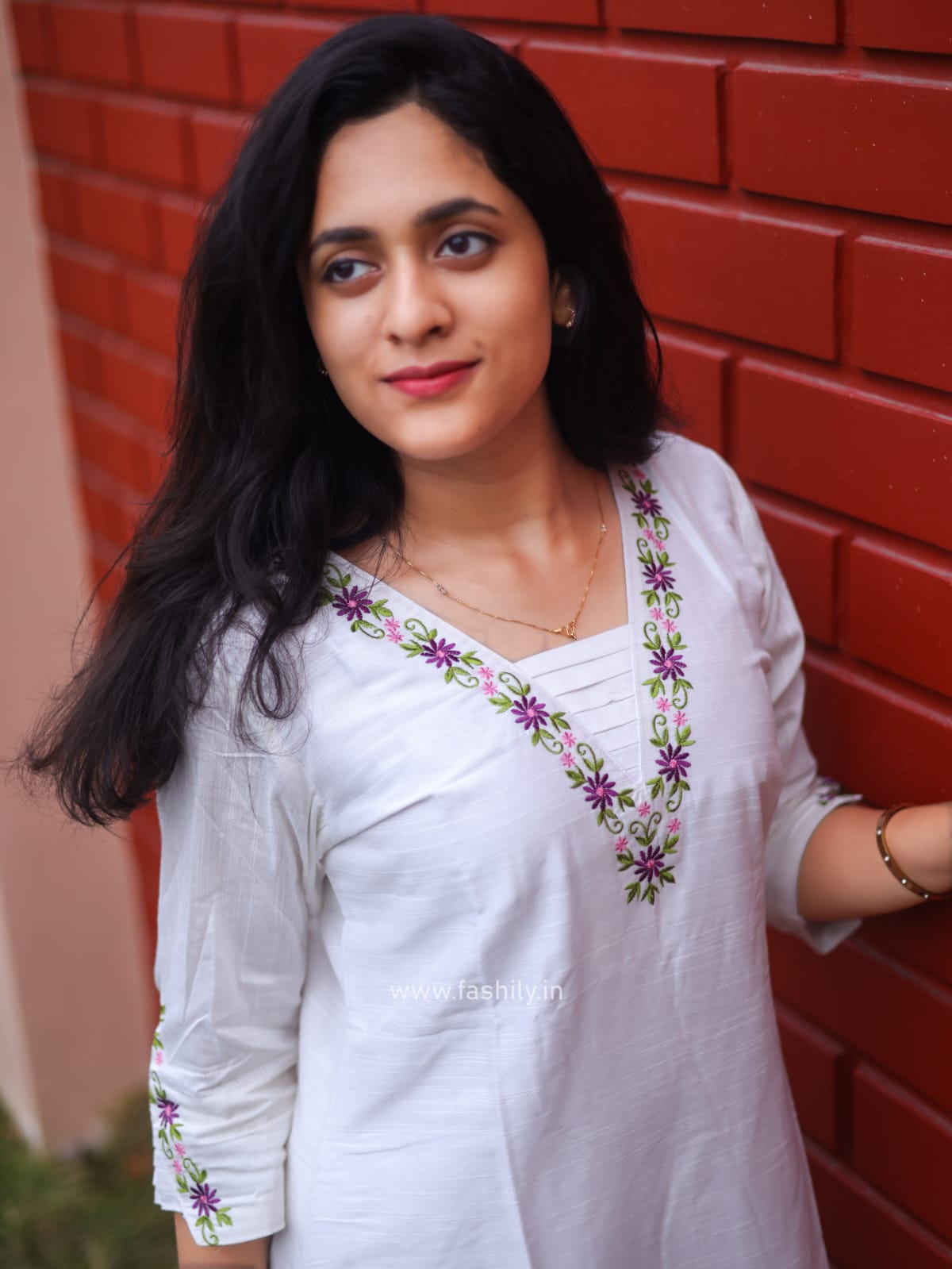 Fashily Slub Silk White Embroidered Kurti with Purple Dupatta