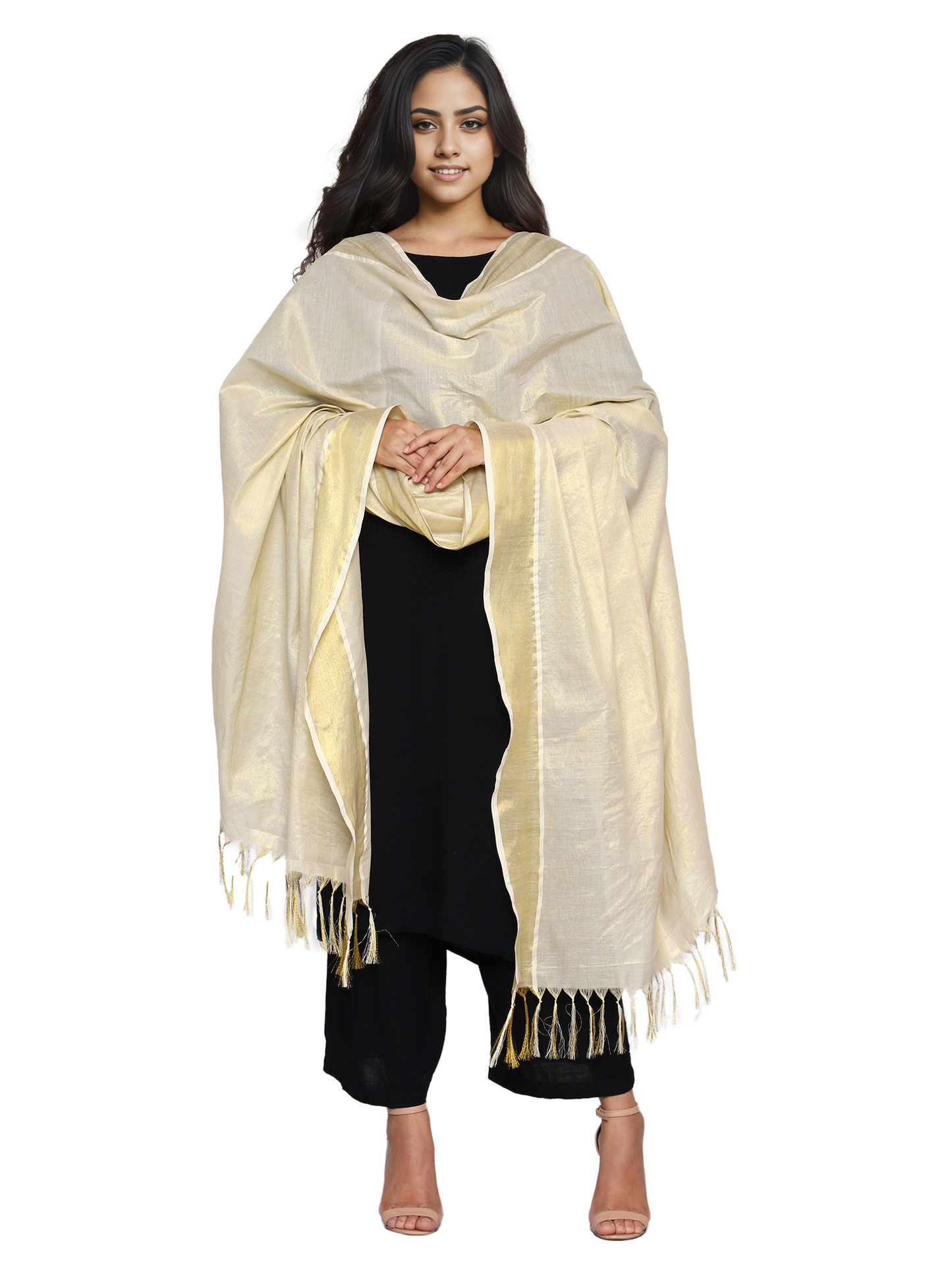 Women's Kerala Kasavu Tissue Dupatta - Gold