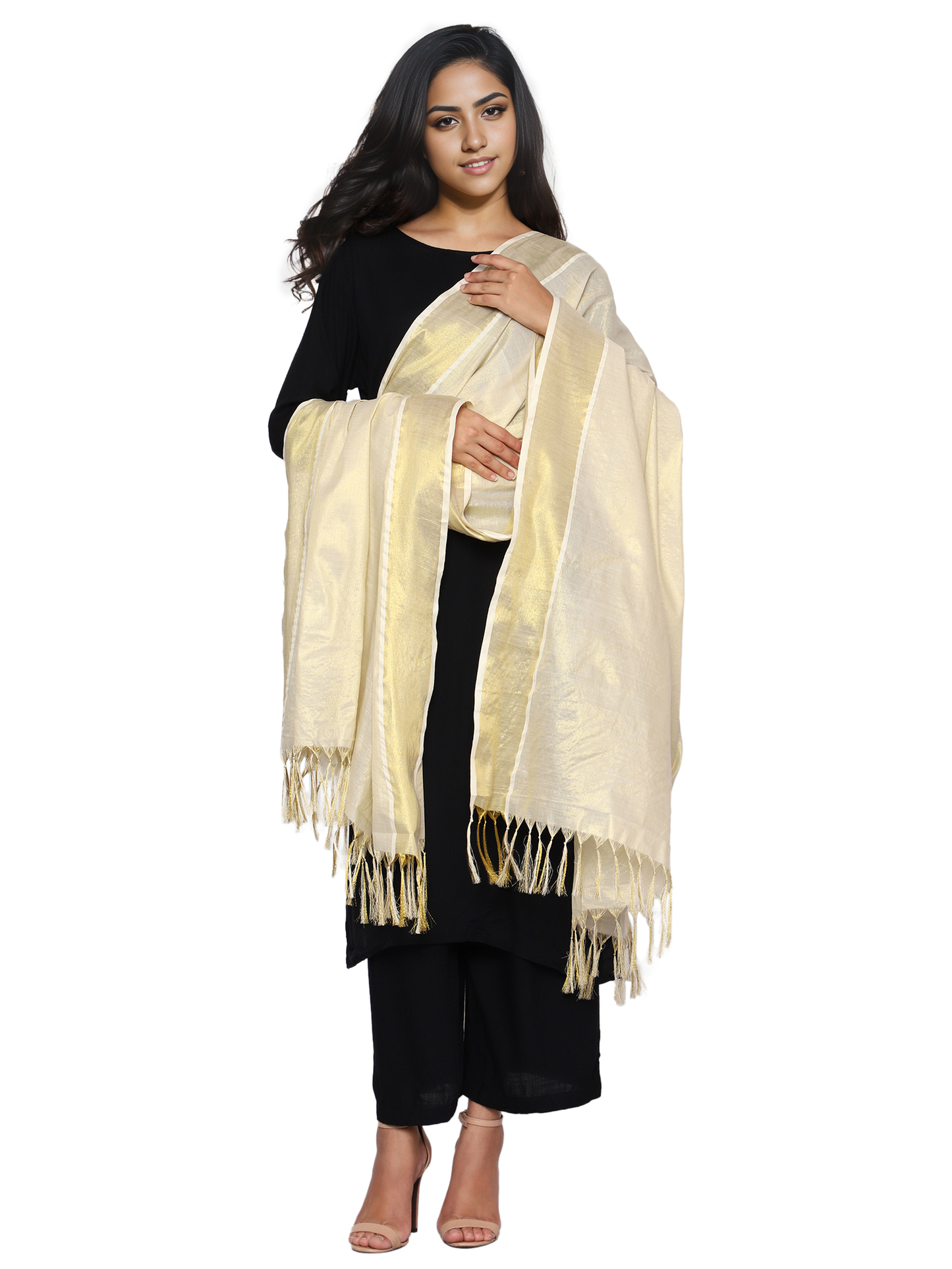 Women's Kerala Kasavu Tissue Dupatta - Gold