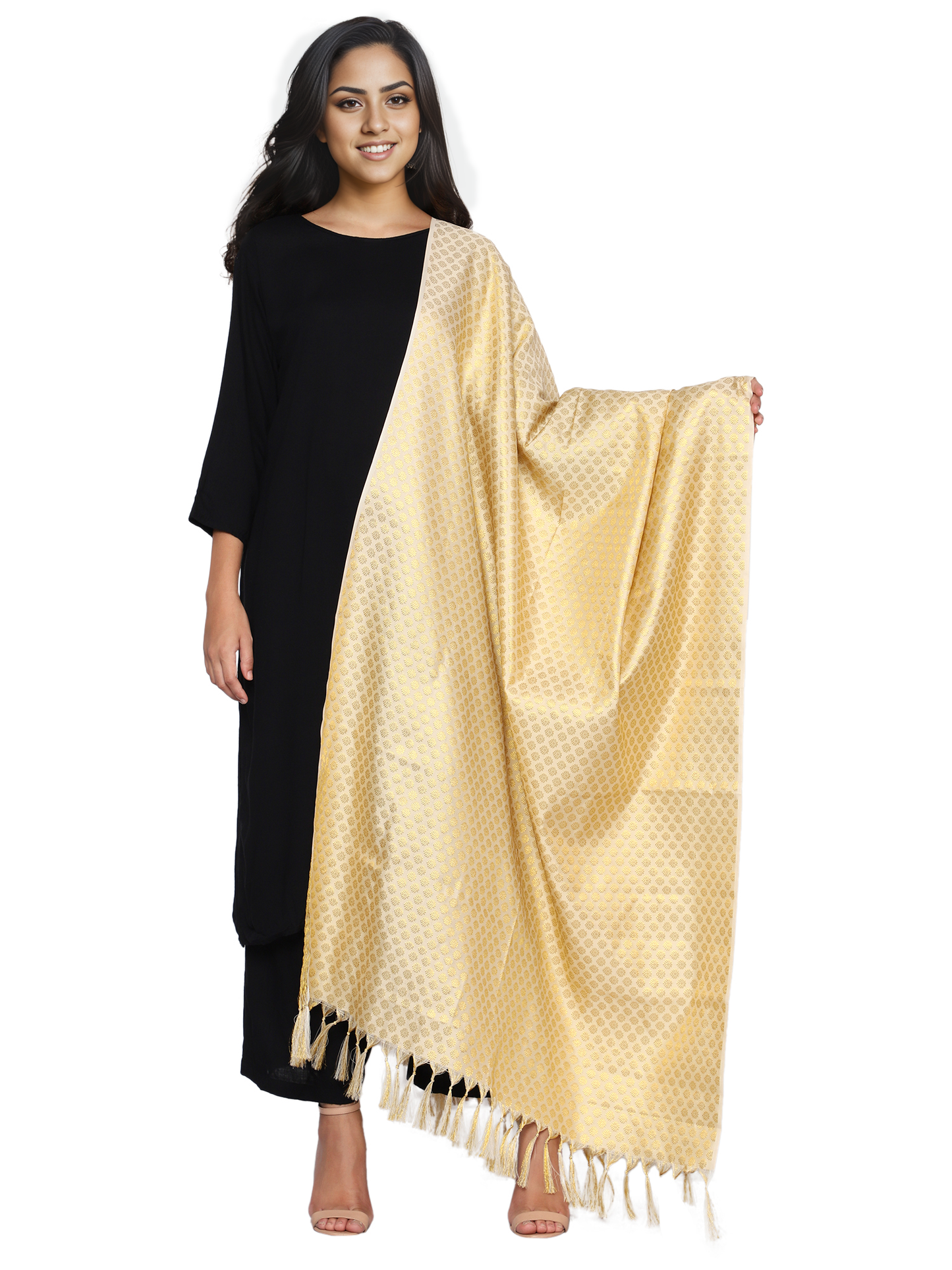 Women's Jacquard Banarasi Dupatta - Beige Small Flower