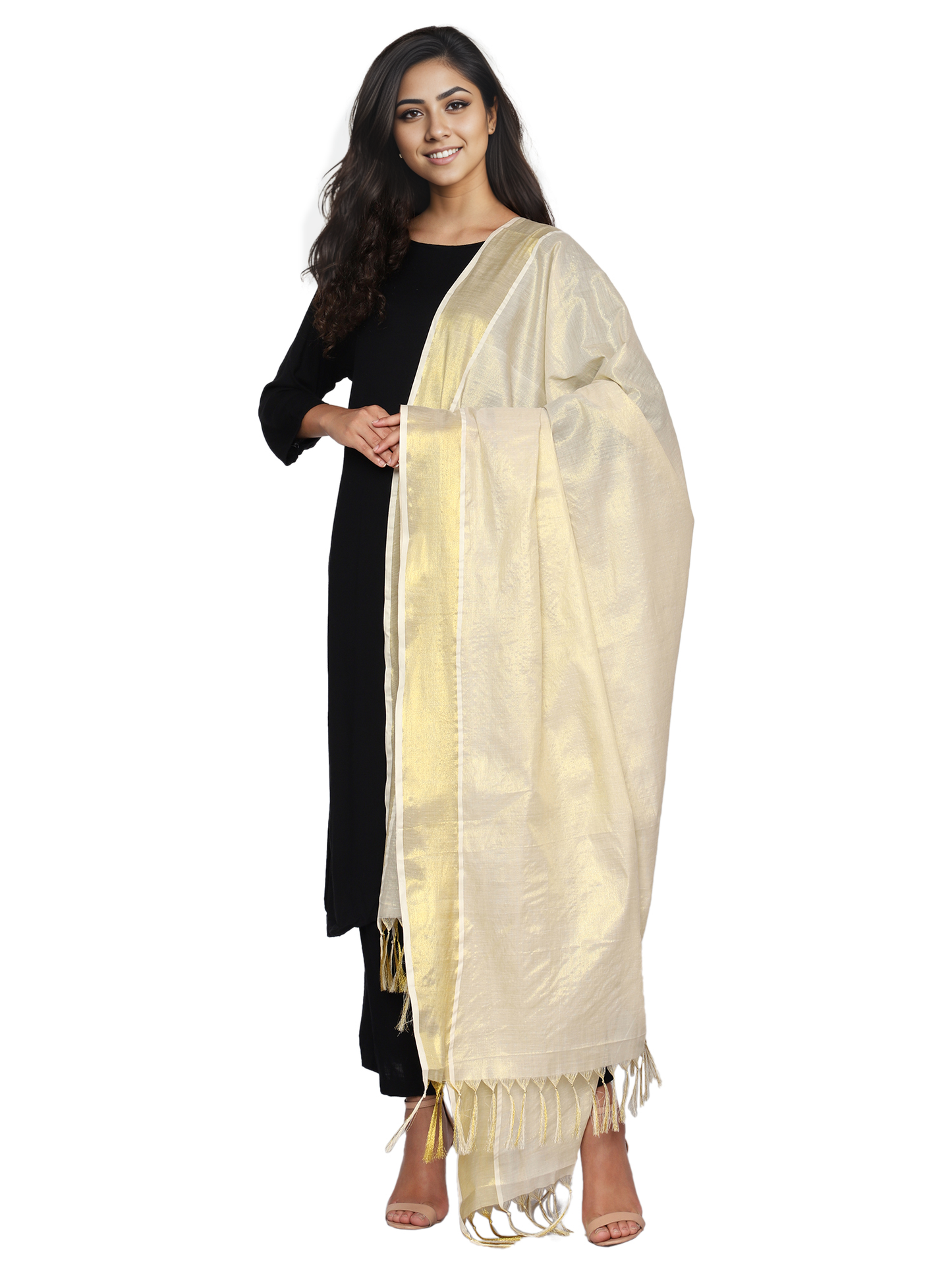 Women's Kerala Kasavu Tissue Dupatta - Gold