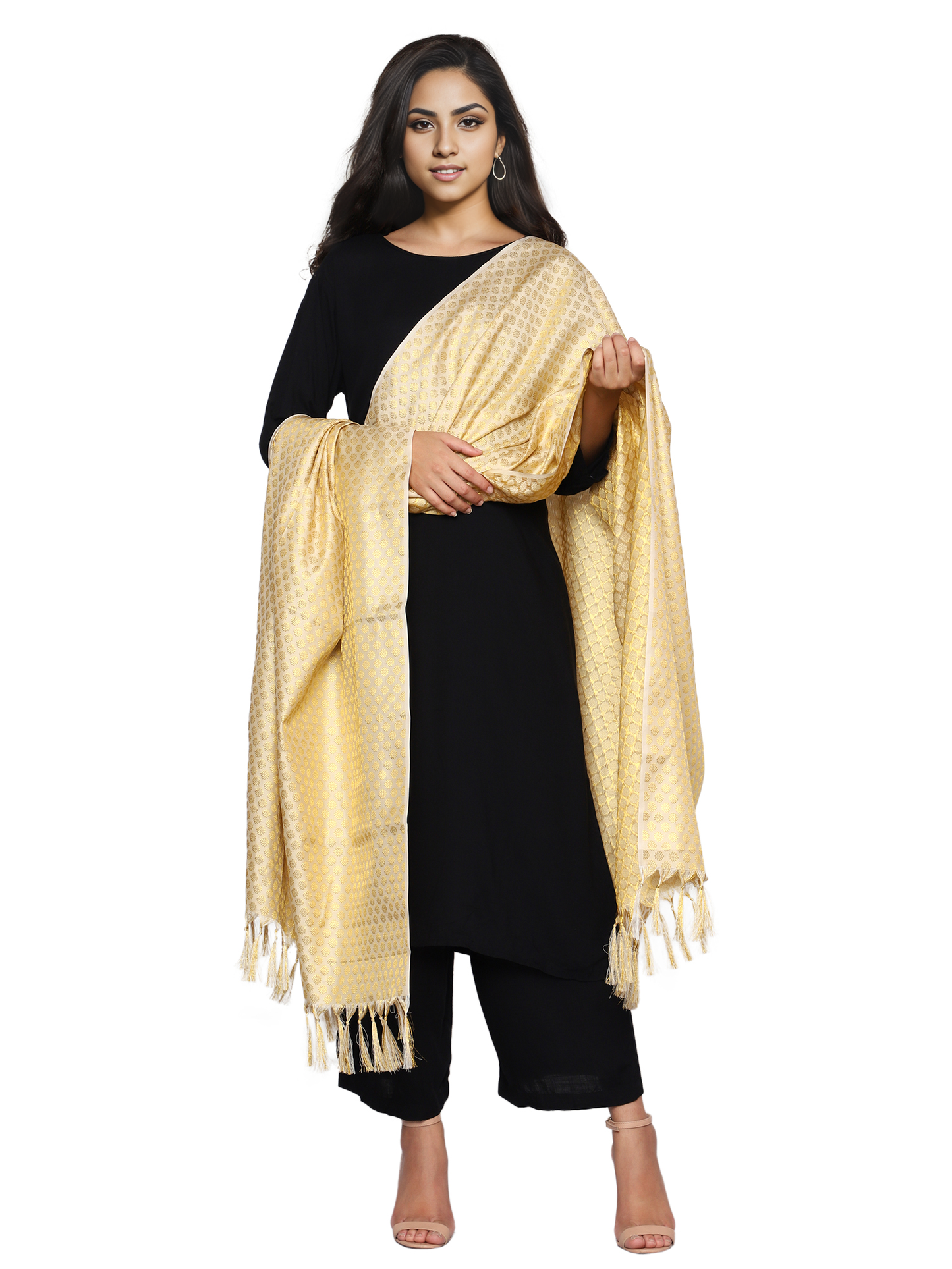 Women's Jacquard Banarasi Dupatta - Beige Small Flower