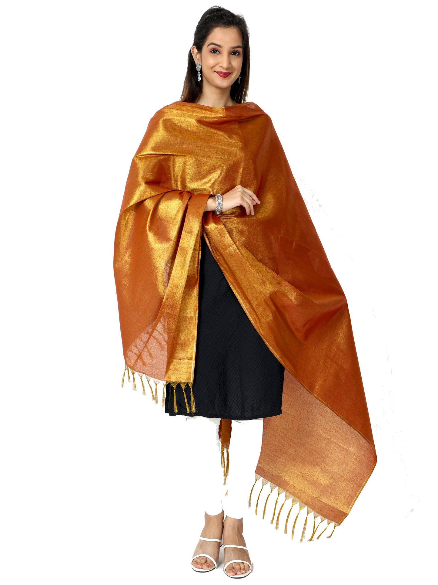 Women's Soild Silk Plain Dupatta - Gold/Maroon