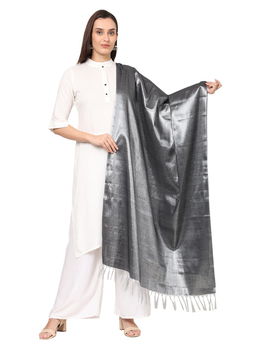 Women's Soild Silk Plain Dupatta - Silver/Black