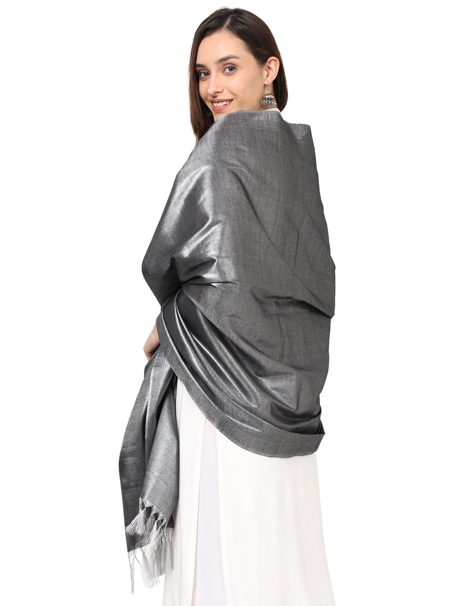 Women's Soild Silk Plain Dupatta - Silver/Black