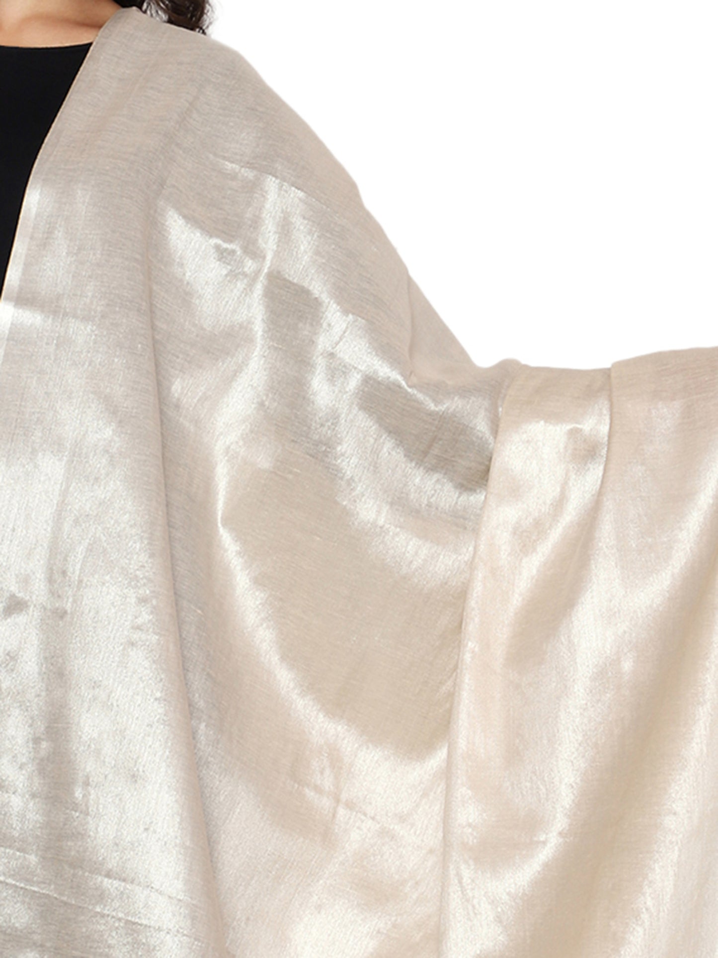 Women's Soild Silk Plain Dupatta - Silver/Cream