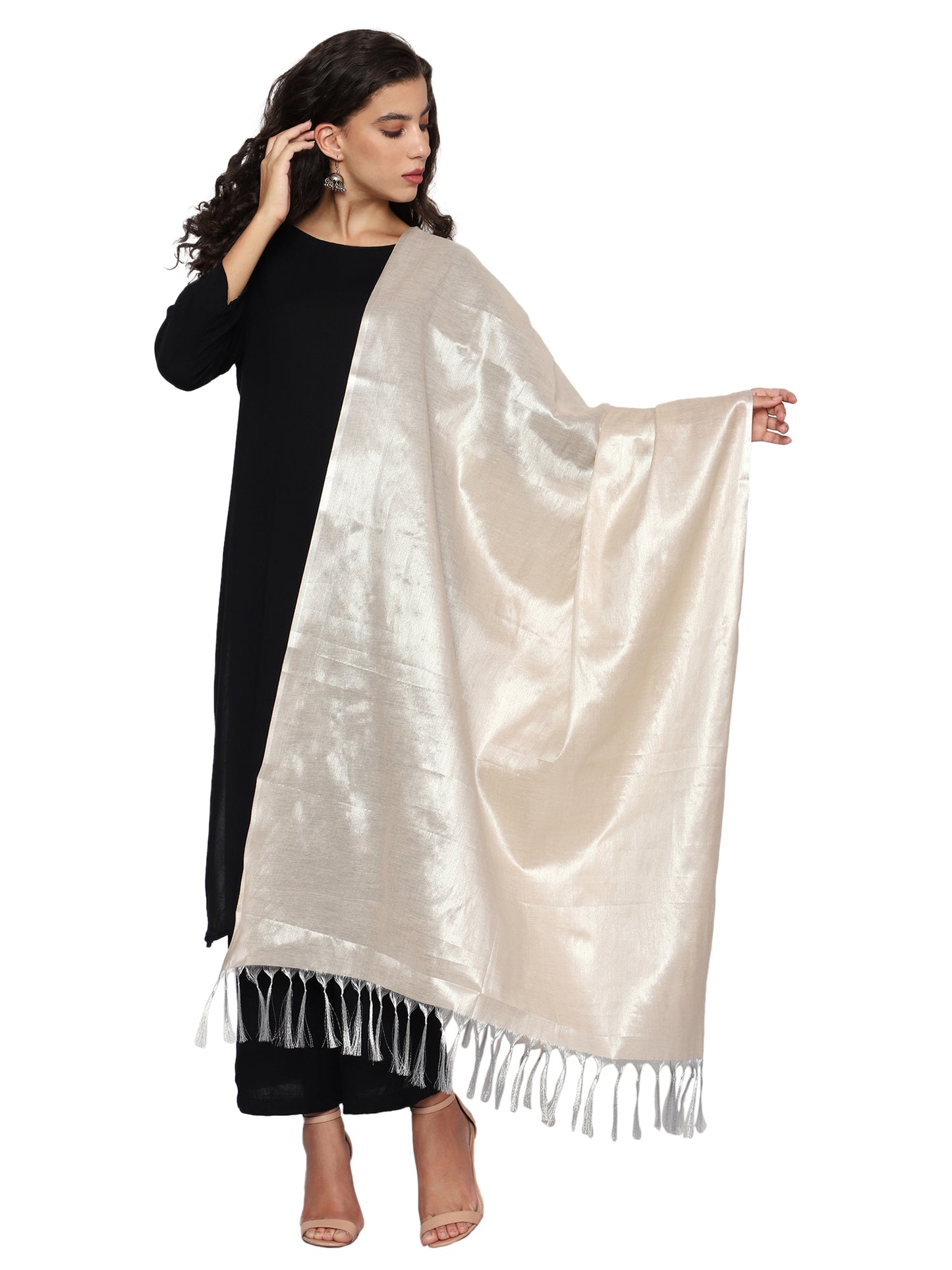 Women's Soild Silk Plain Dupatta - Silver/Cream